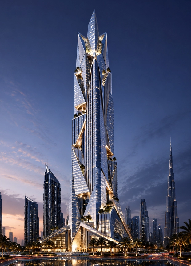 Crystal Edge Tower facade portrait detail showing angular glass planes, sharp metal edges, facade depth, warm lighting lines, sky terraces, and futuristic material logic