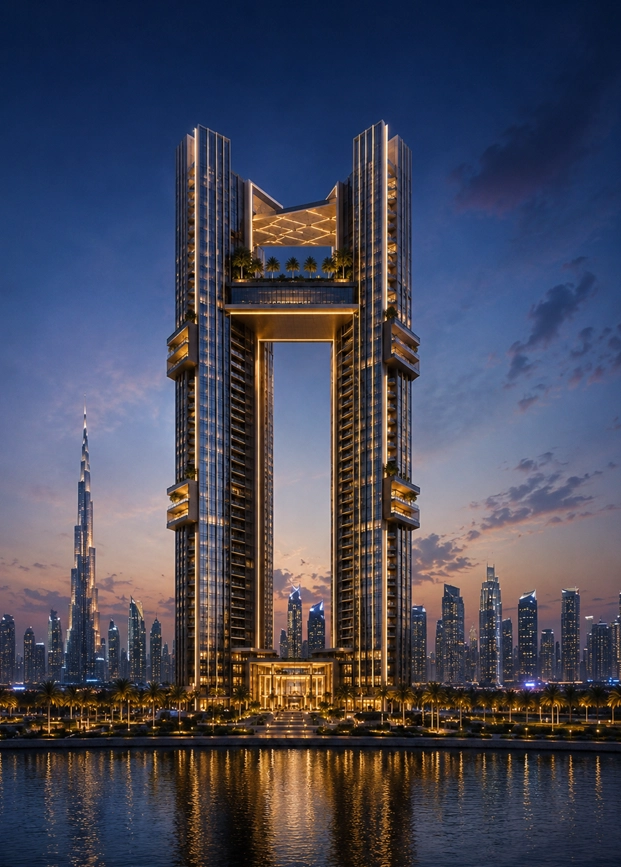 Skyline Gate Tower facade portrait detail showing glass depth, vertical fins, sky bridge structure, warm lighting lines, terraces, and premium gateway tower material logic