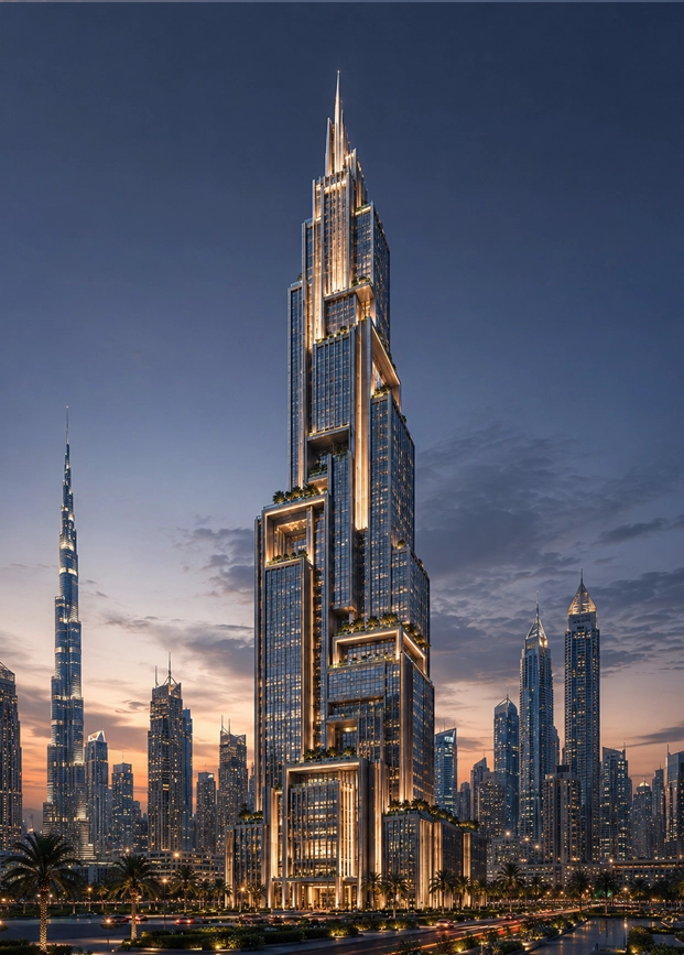 Terraced Spire Tower facade portrait detail showing stepped terraces, glass facade depth, metal fins, warm lighting lines, and sharp vertical architectural edges